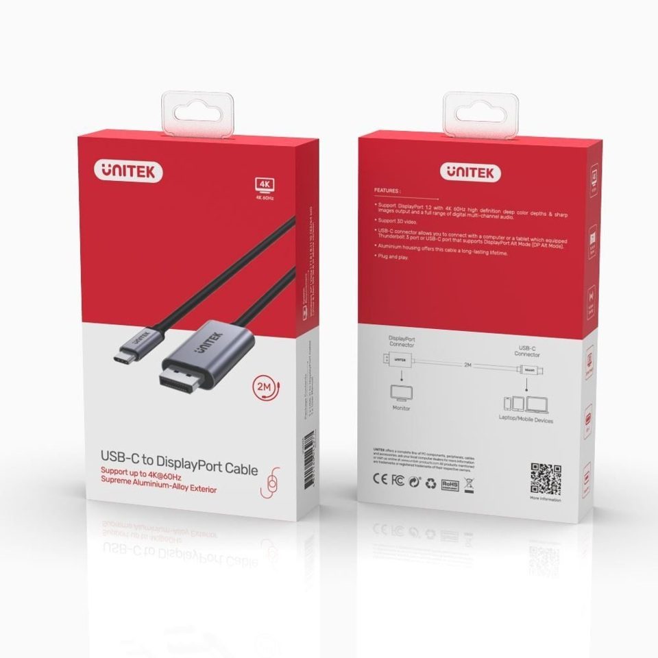 Unitek 2m USB-C to Display Port 1.2 Cable | 4K 60HZ | Aluminium-Alloy Housing | V1409A - Space Grey and Black