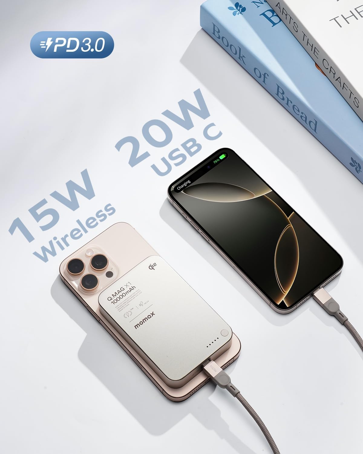 MOMAX Magnetic Power Bank Qi2 Certified, Q.MAG Ultra-Slim 10000mAh Magnetic Portable Charger, 15W Wireless Portable Charger for MagSafe iPhone Series & Android, MTT Cooling Tech Battery Pack Titanium
