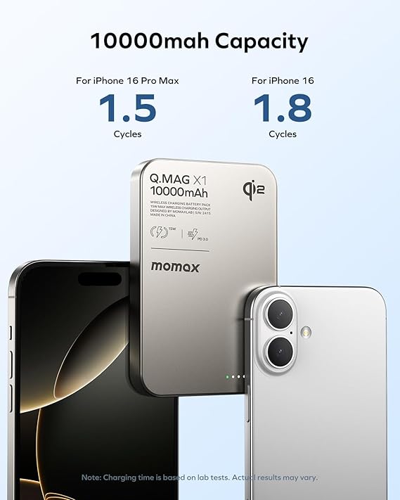 MOMAX Magnetic Power Bank Qi2 Certified, Q.MAG Ultra-Slim 10000mAh Magnetic Portable Charger, 15W Wireless Portable Charger for MagSafe iPhone Series & Android, MTT Cooling Tech Battery Pack Titanium