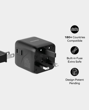 Momax 1-World Universal Travel Charger with Dual AC Outlets | With built-in JP/US, CN, TW, UK, EU, AU sockets | UA19D - Black