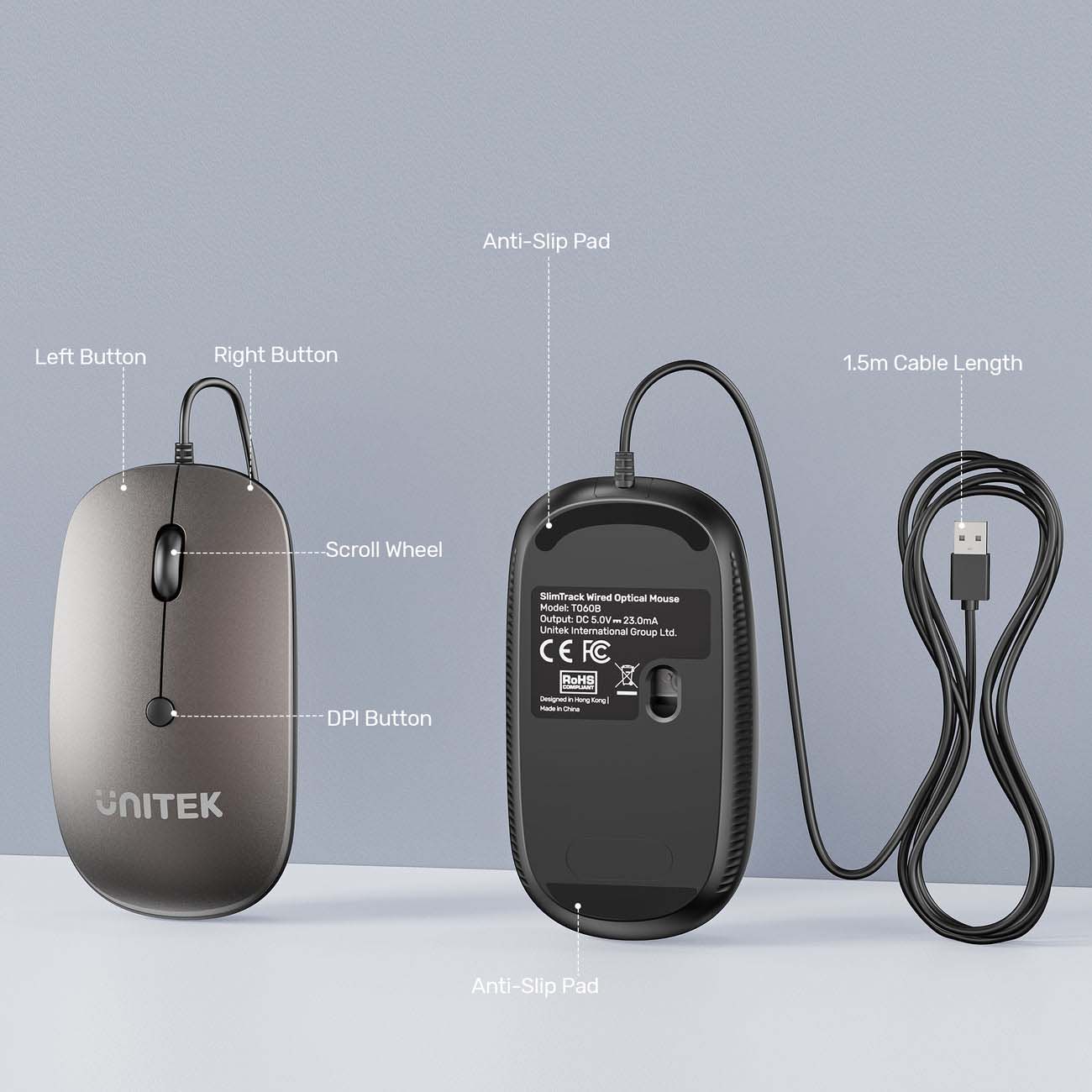 Unitek SlimTrack Wired Mouse - Adjustable 1600 DPI