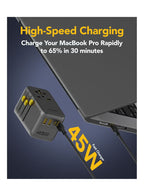 محول سفر ريمسون أمني بلج 45 واط GaN مع كابل USB-C مدمج قابل للسحب، و2 منفذ USB-C، و2 منفذ USB-A، ومقبس تيار متردد واحد - أسود