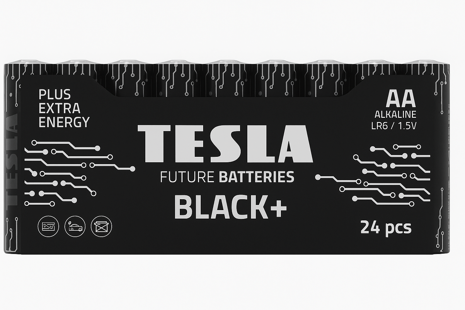 Tesla Black+ AA 1.5V Alkaline Batteries Pack of 24 – long-lasting batteries for electronics available in Doha, Qatar.