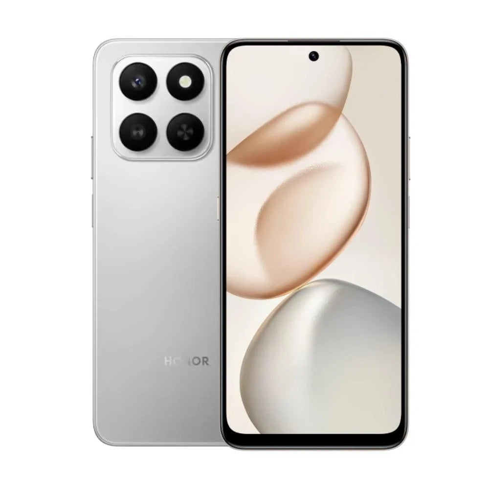 Honor X7d 5G Silver smartphone with 256GB storage, available for online shopping and delivery in Doha, Qatar.