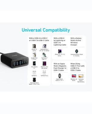 Anker 112W 6 Ports Multi-Device GaN Charger, black color, buy online in Qatar