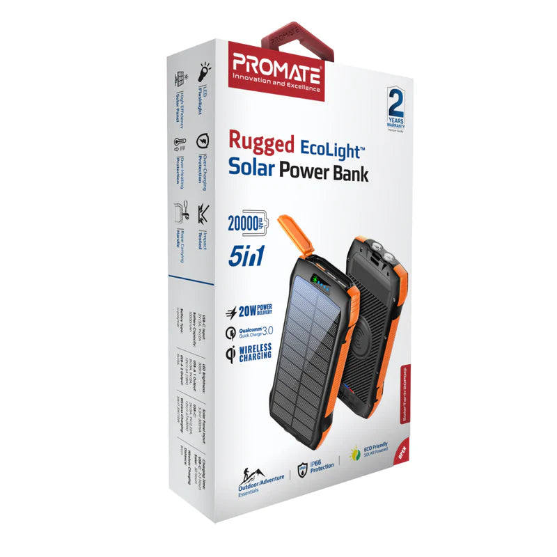 Promate 20000mAh Solar Power Bank Rugged EcoLight – Black (SOLARTANK-20PDQi)