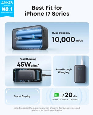 Anker Nano 10000mAh Power Bank 45W Fast Charging Retractable USB-C Cable PD & QC (A1638H11) - Black