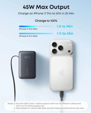 Anker Nano 10000mAh Power Bank 45W Fast Charging Retractable USB-C Cable PD & QC (A1638H11) - Black
