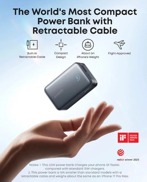 Anker Nano 10000mAh Power Bank 45W Fast Charging Retractable USB-C Cable PD & QC (A1638H11) - Black