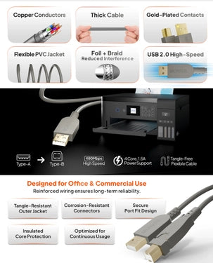 Mowsil USB 2.0 Type-A to Type-B Printer Cable 10m 480Mbps Gold-Plated Grey