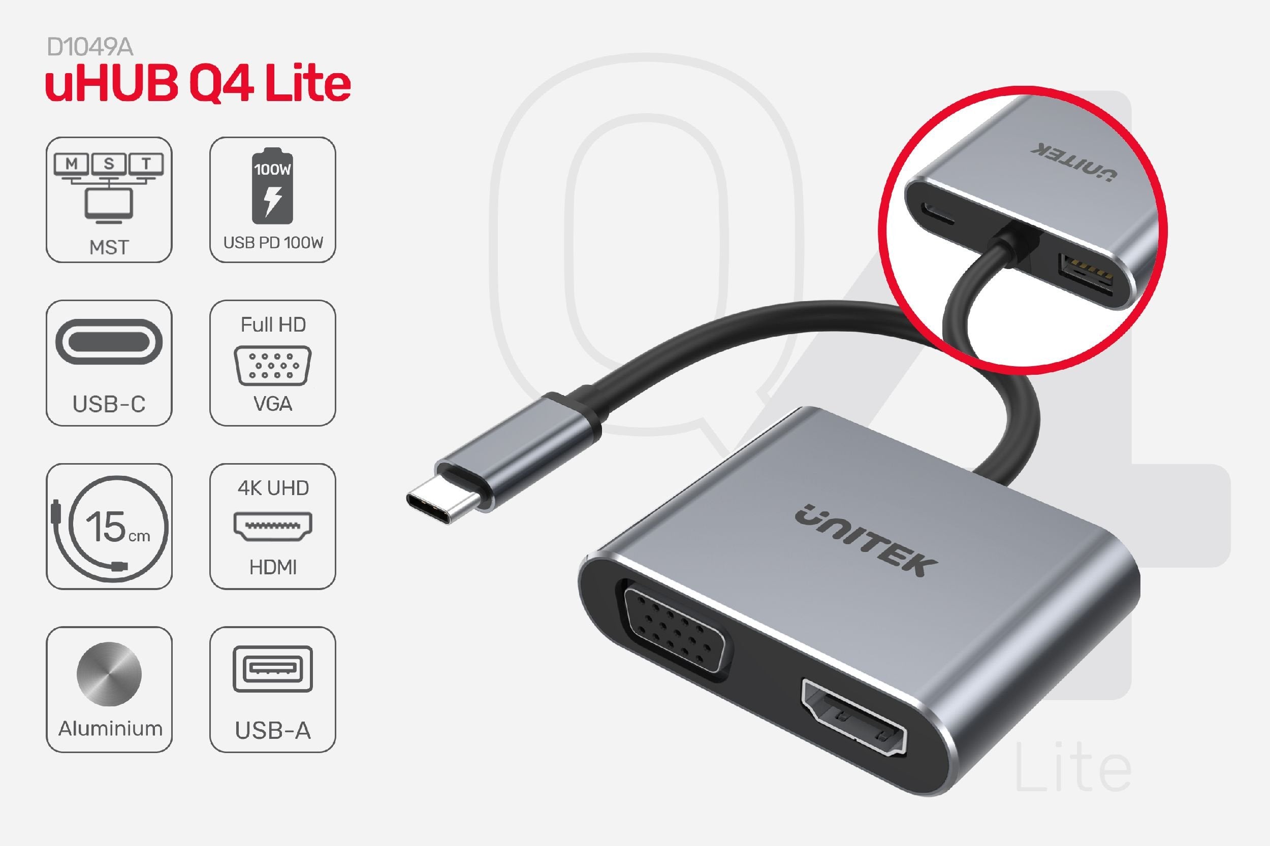 Unitek uHUB Q4 Lite 4-in-1 USB-C Hub with MST Dual Display and PD 100W