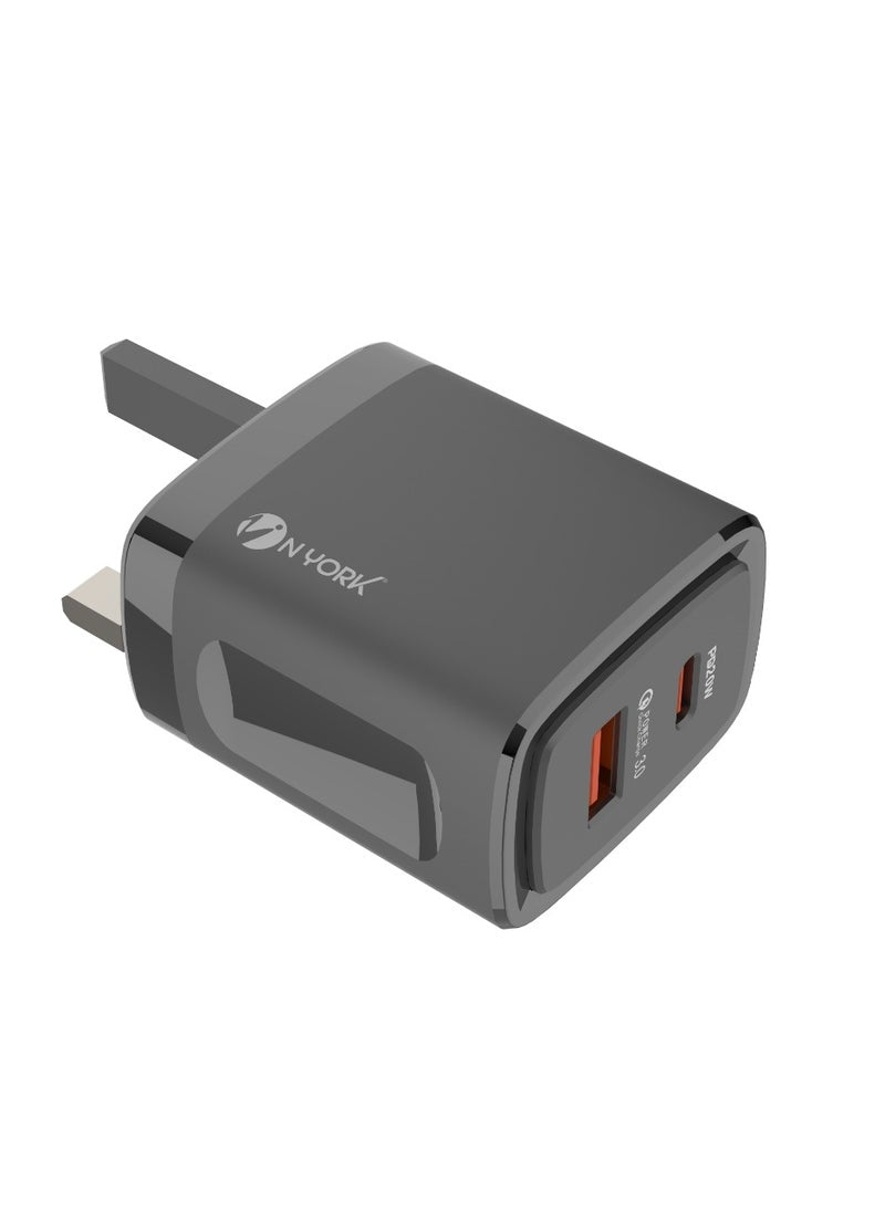 NYORK 38W Fast Charger 2-in-1 PowerPort with Type-C to Type-C cable for fast mobile & tablet charging, available for online shopping in Doha, Qatar.