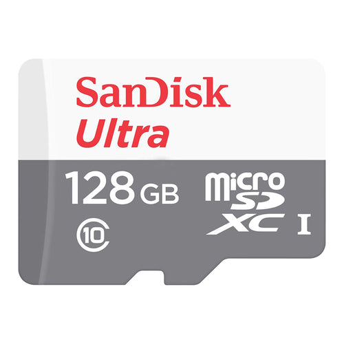 SanDisk Ultra 128GB microSDXC UHS-I memory card with 100MB/s transfer speed for smartphones, cameras, and tablets in Qatar.