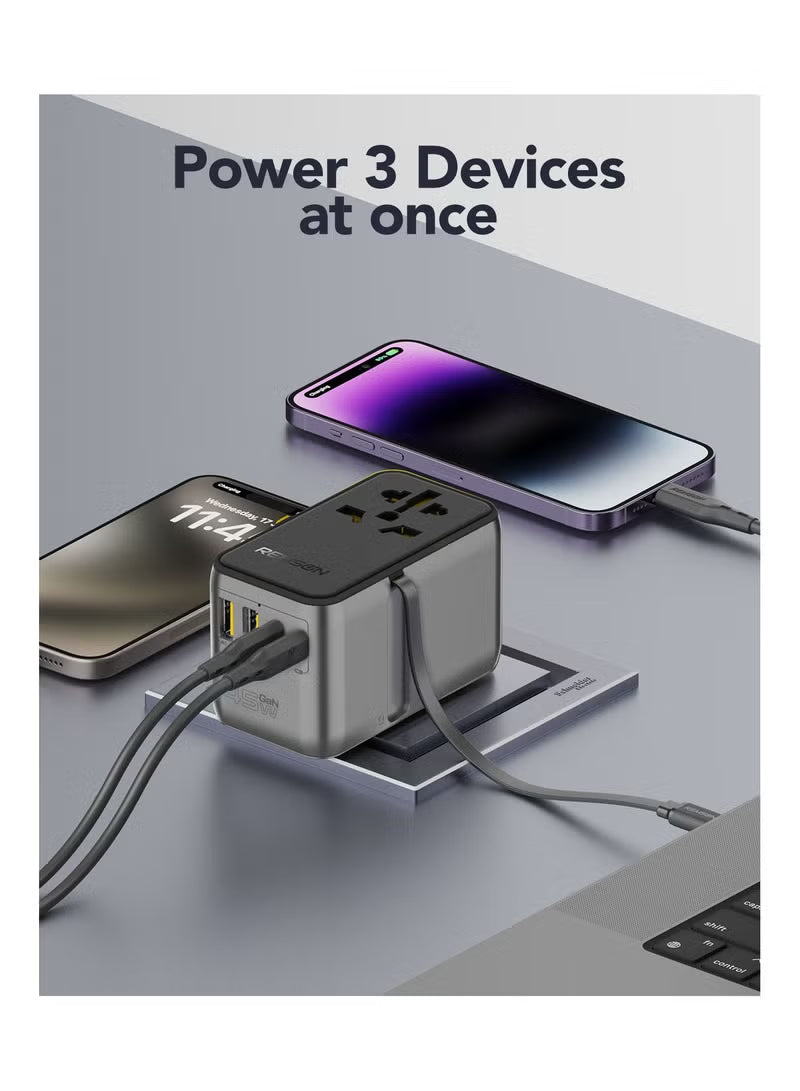 Remson Omni Plug 45W GaN Travel Adapter with Built-In Retractable USB-C Cable 2x USB-C 2x USB-A 1x AC Socket - Black Remson Omni Plug 45W GaN Travel Adapter with Built-In Retractable USB-C Cable 2x USB-C 2x USB-A 1x AC Socket - Black
