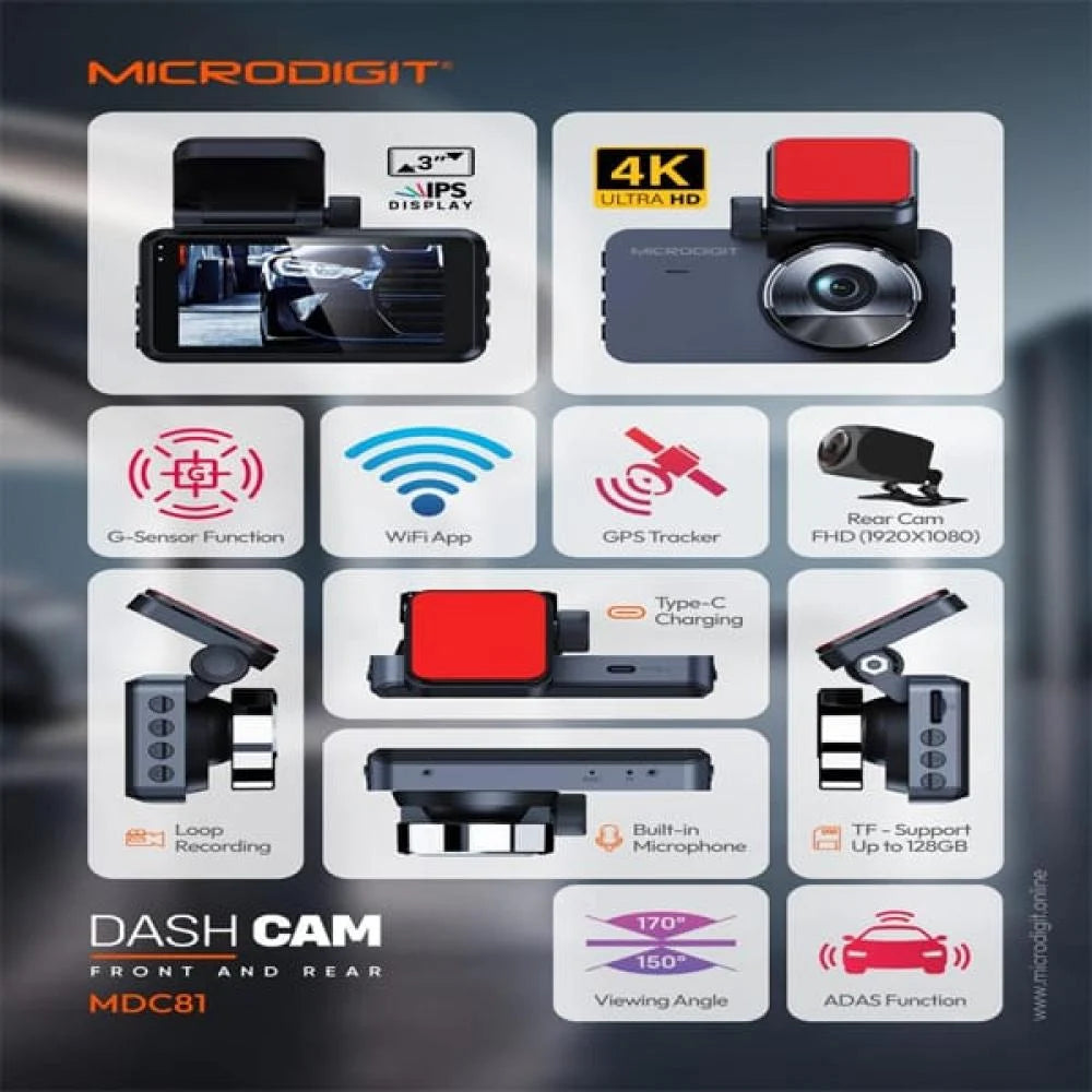 Microdigit MDC81 4K Dash Cam Front and Rear