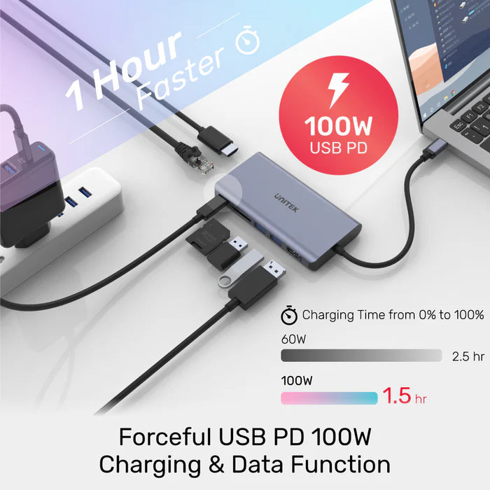 UNITEK uHUB S7+ 7-in-1 USB-C Ethernet Hub with MST Dual Monitor, 100W Power Delivery and Card Reader