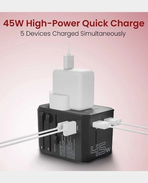 Moxedo Worldwide Travel Adapter 45W PD Lightning Fast Charger 1x USB-C 3x USB-A 1x AC Socket - Black Moxedo Worldwide Travel Adapter 45W PD Lightning Fast Charger 1x USB-C 3x USB-A 1x AC Socket - Black
