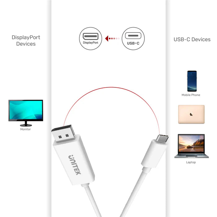 كابل UNITEK 4K 60Hz USB-C إلى DisplayPort 1.2 باللون الأبيض