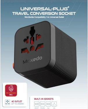 Moxedo Universal Plug Travel Conversion Socket 2500W AC Outlet Built-in Auto Resetting Fuse (MX-TA028) - Black