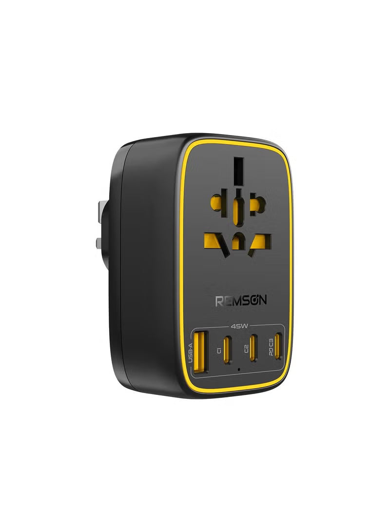 Remson Omni Plug PD GaN 45W World to UK Universal Travel Adapter 3x USB-C 1x USB-A 1x AC Socket - Black