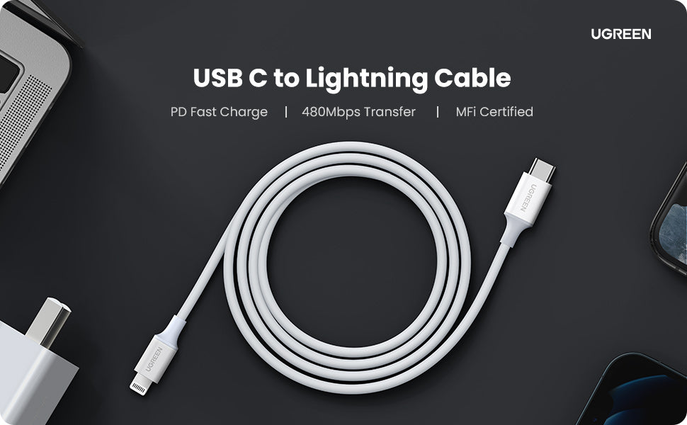 UGREEN USB-C to Lightning M/M Cable Rubber Shell 1m (White)