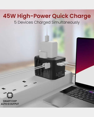 Moxedo Worldwide Travel Adapter 45W PD Lightning Fast Charger 1x USB-C 3x USB-A 1x AC Socket - Black Moxedo Worldwide Travel Adapter 45W PD Lightning Fast Charger 1x USB-C 3x USB-A 1x AC Socket - Black