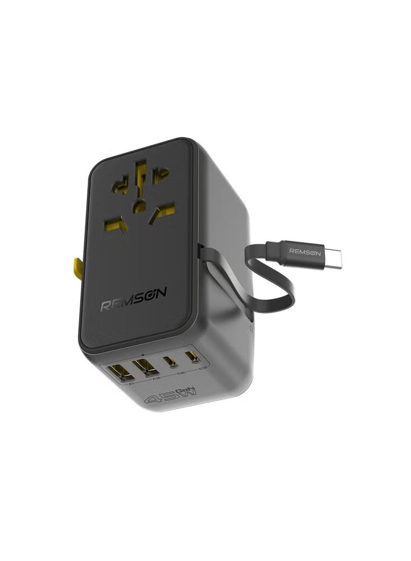 Remson Omni Plug 45W GaN Travel Adapter with Built-In Retractable USB-C Cable 2x USB-C 2x USB-A 1x AC Socket - Black Remson Omni Plug 45W GaN Travel Adapter with Built-In Retractable USB-C Cable 2x USB-C 2x USB-A 1x AC Socket - Black