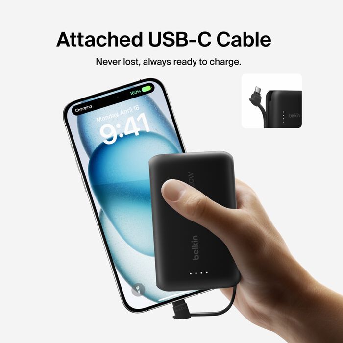 Belkin BoostCharge Power Bank 10K with Integrated Cable - Black