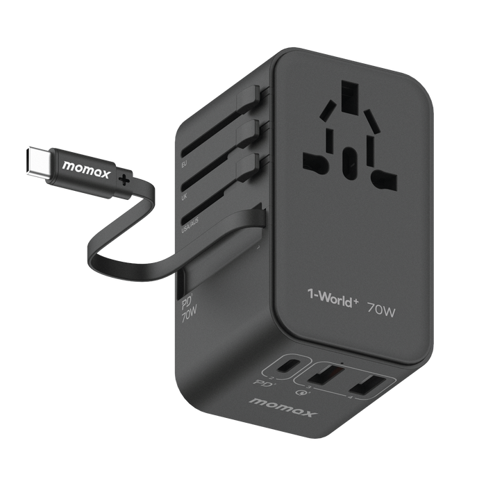 Momax 1-World 70W GaN 3-Port AC Travel Adaptor with Built-In USB-C Cable - Black Momax 1-World 70W GaN 3-Port AC Travel Adaptor with Built-In USB-C Cable - Black