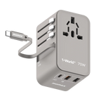 Momax 1-World 70W GaN 3-Port AC Travel Adaptor with Built-In USB-C Cable - Grey