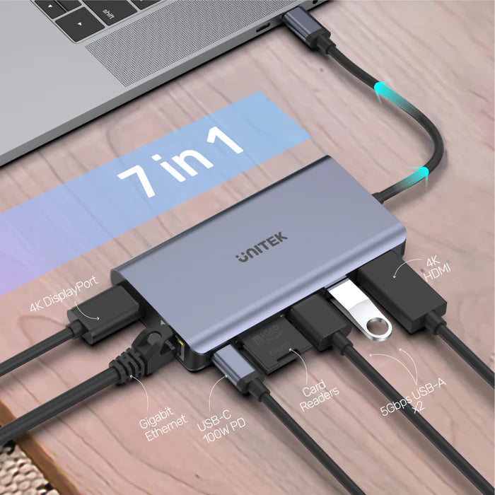 UNITEK uHUB S7+ 7-in-1 USB-C Ethernet Hub with MST Dual Monitor, 100W Power Delivery and Card Reader UNITEK uHUB S7+ 7-in-1 USB-C Ethernet Hub with MST Dual Monitor, 100W Power Delivery and Card Reader