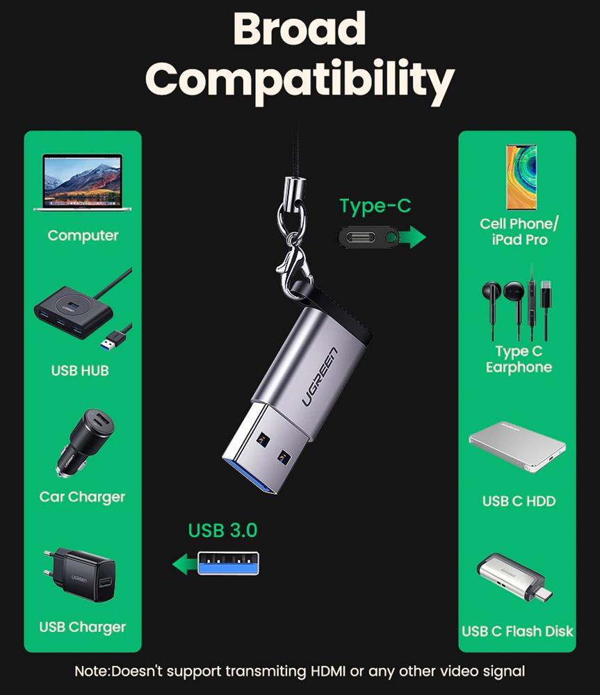 UGREEN USB C (female) - USB (male) adapter US276 USB 5Gb/s - gray UGREEN USB C (female) - USB (male) adapter US276 USB 5Gb/s - gray