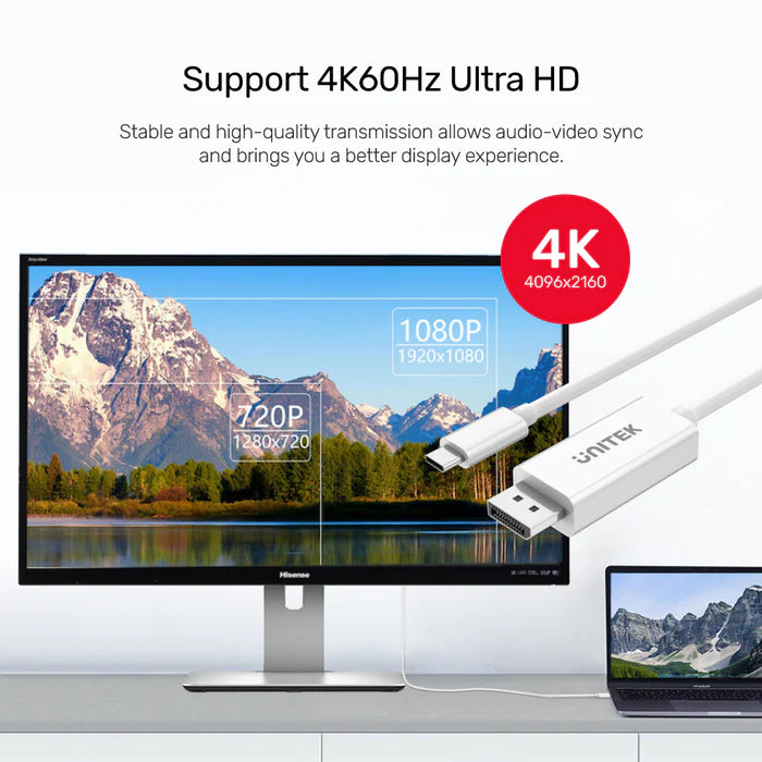 كابل UNITEK 4K 60Hz USB-C إلى DisplayPort 1.2 باللون الأبيض