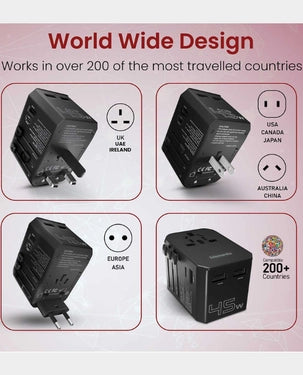 Moxedo Worldwide Travel Adapter 45W PD Lightning Fast Charger 1x USB-C 3x USB-A 1x AC Socket - Black Moxedo Worldwide Travel Adapter 45W PD Lightning Fast Charger 1x USB-C 3x USB-A 1x AC Socket - Black