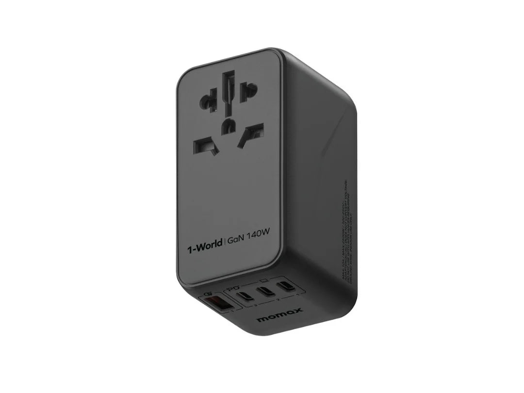 Momax 1-World 70W GaN 3-Port AC Travel Adaptor with Built-In USB-C Cable - Black Momax 1-World 70W GaN 3-Port AC Travel Adaptor with Built-In USB-C Cable - Black