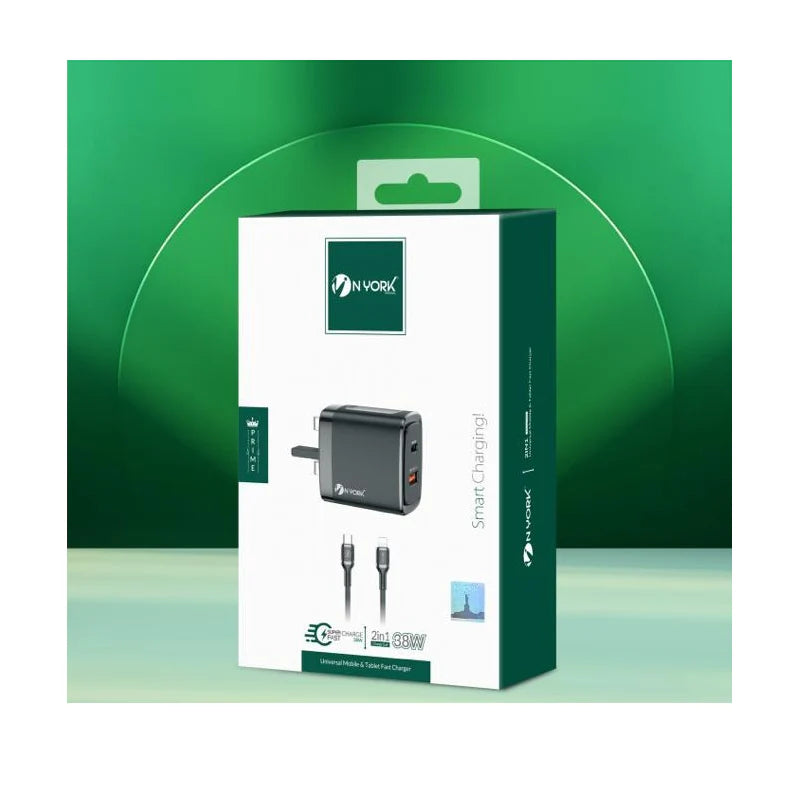 NYORK Adaptor with Type-C to Lightning Cable 2in1 Charge Suite - 38W / Black NYORK Adaptor with Type-C to Lightning Cable 2in1 Charge Suite - 38W / Black