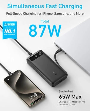 Anker 20000mAh Power Bank 87W Max Output 65W Fast Charging USB-C & USB-A Built-In Cable (A1383H11) - Black