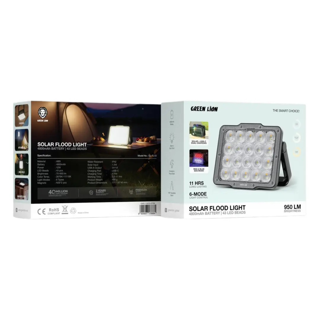 Green Lion Solar Flood Light with Solar Panel 4800mAh 950 lm | Black