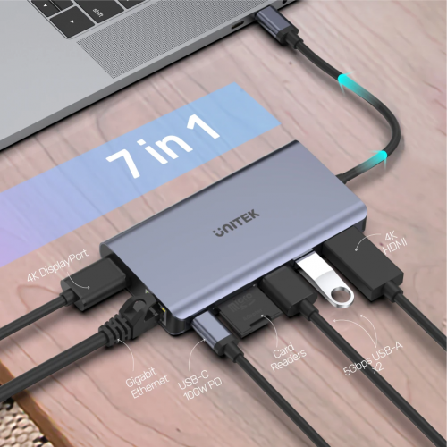 Unitek uHUB S7+ 7-in-1 USB-C Ethernet Hub with MST Dual Monitor, 100W Power Delivery and Card Reader