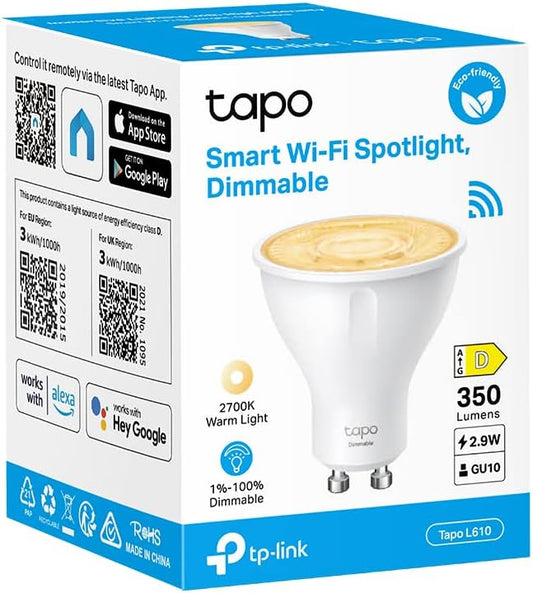 TP-LINK Tapo Smart WiFi Light Bulb GU10 L610, Energy Saving, 2.9 W Equivalent to 50 W, Dimmable Alexa Smart Lamp, Smart Home Alexa Assistant, White