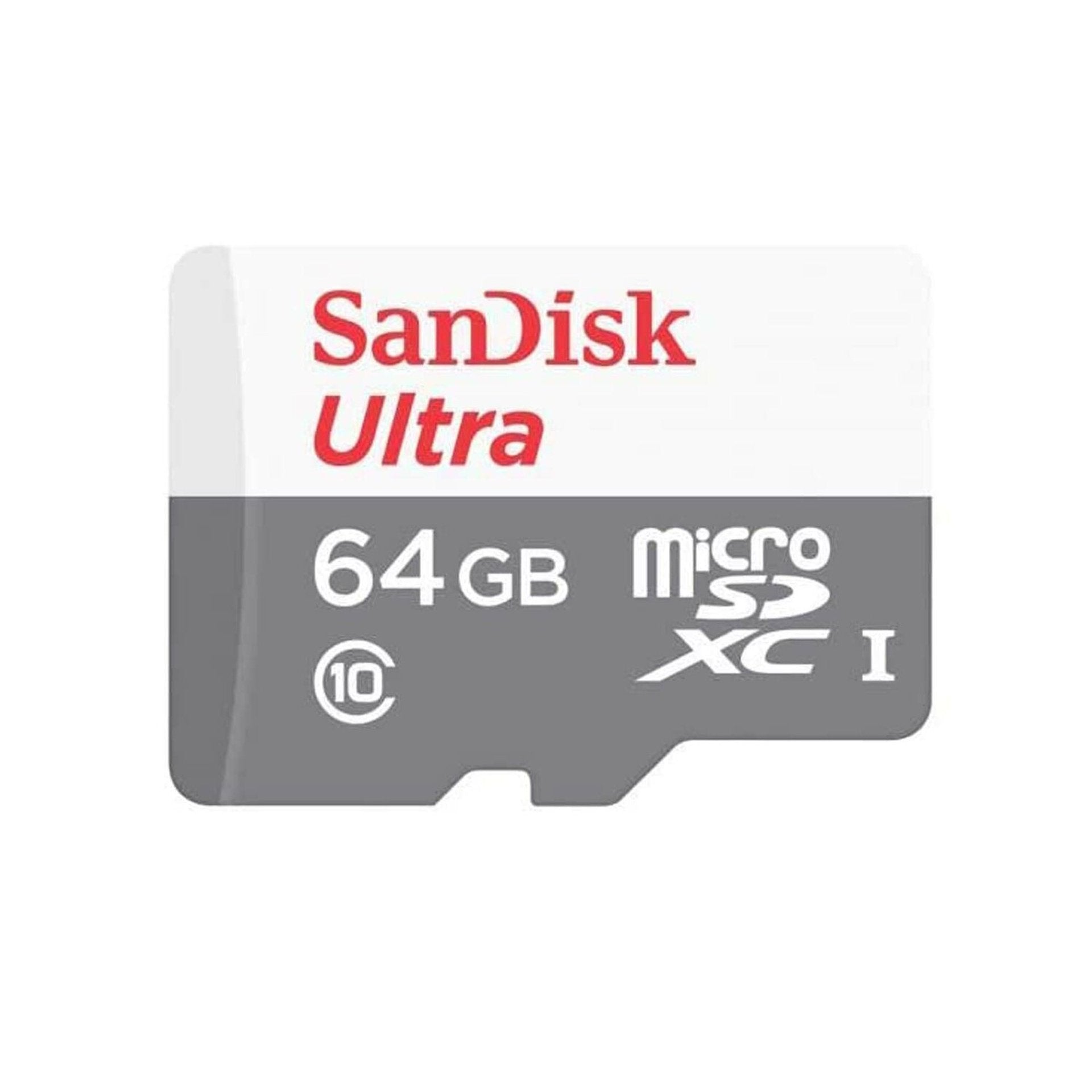 SanDisk Ultra Class 10 microSD Card 64GB with 100MB/s speed for smartphones, cameras, and gaming, available in Qatar.