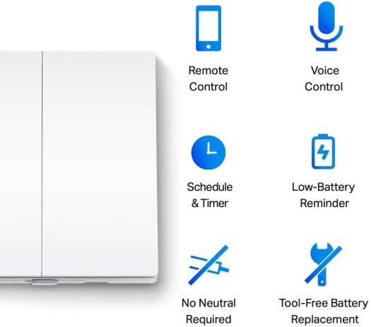 TP-Link Tapo S220 Smart Light Switch, 2-Gang 1-Way, Remote & Voice Control, Schedule, Away Mode, Tool-Free Battery Replacement, White | Tapo S220