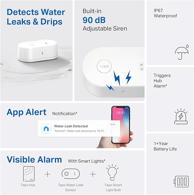 TP-Link Tapo Smart Water Leak Detector, Requires Tapo Hub, Water Leak Sensor Wi-Fi with Rapid Dripping Detection, 90dB Adjustable Alarm, App Alerts, Compatible with Alexa and Google Home Tapo T300
