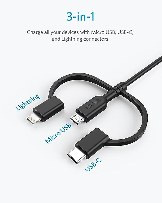 Anker Powerline II Charging Cable with Enhanced Durability USB A To 3 In 1 Sync & MiFi Certified Fast Charge For All USB A, USB C, And Micro USB Devices 3ft Black, A8436H11