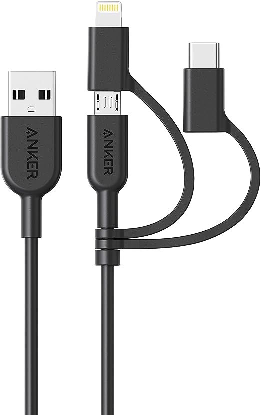 Anker Powerline II Charging Cable with Enhanced Durability USB A To 3 In 1 Sync & MiFi Certified Fast Charge For All USB A, USB C, And Micro USB Devices 3ft Black, A8436H11