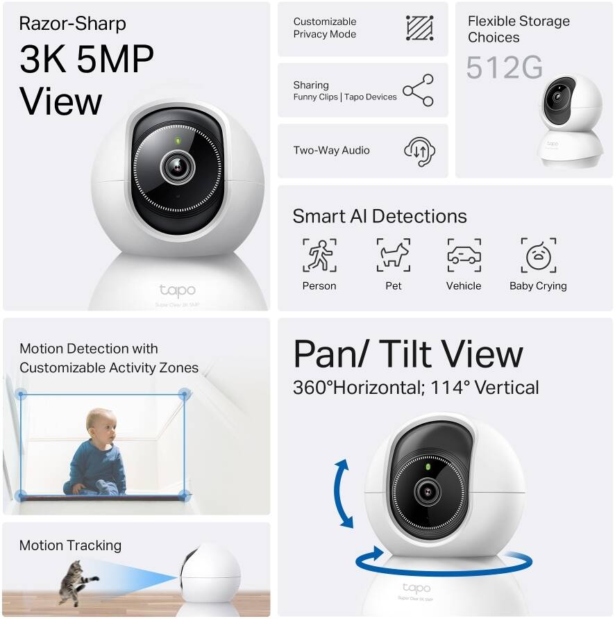 TP-Link Tapo C230 3K 5MP Pan & Tilt AI Home Security Camera - Indoor