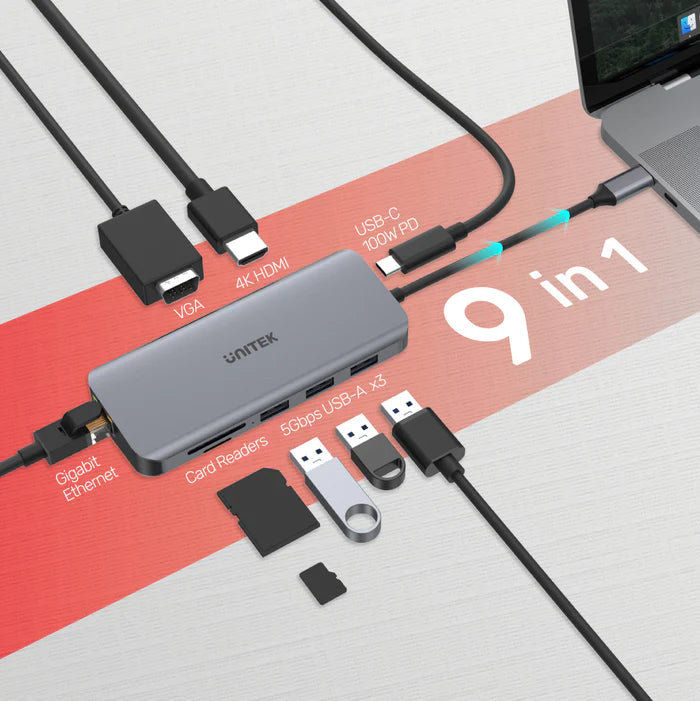 UNITEK uHUB N9+ 9-in-1 USB-C Ethernet Hub with Dual Monitor, 100W Power Delivery and Dual Card Reader UNITEK uHUB N9+ 9-in-1 USB-C Ethernet Hub with Dual Monitor, 100W Power Delivery and Dual Card Reader