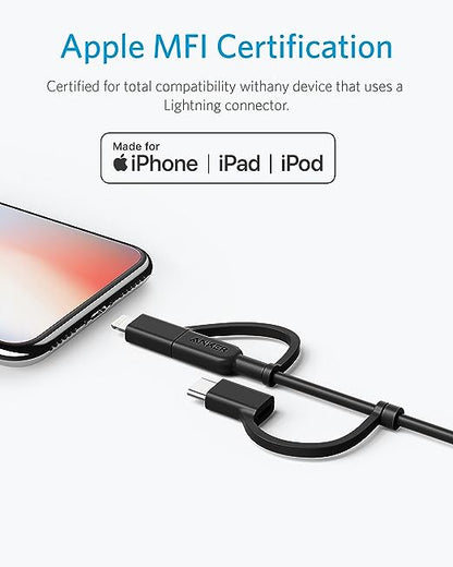 Anker Powerline II Charging Cable with Enhanced Durability USB A To 3 In 1 Sync & MiFi Certified Fast Charge For All USB A, USB C, And Micro USB Devices 3ft Black, A8436H11