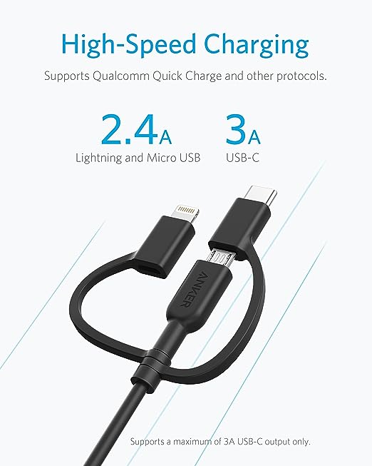 Anker Powerline II Charging Cable with Enhanced Durability USB A To 3 In 1 Sync & MiFi Certified Fast Charge For All USB A, USB C, And Micro USB Devices 3ft Black, A8436H11