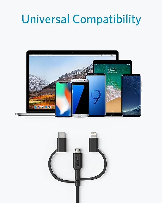 Anker Powerline II Charging Cable with Enhanced Durability USB A To 3 In 1 Sync & MiFi Certified Fast Charge For All USB A, USB C, And Micro USB Devices 3ft Black, A8436H11